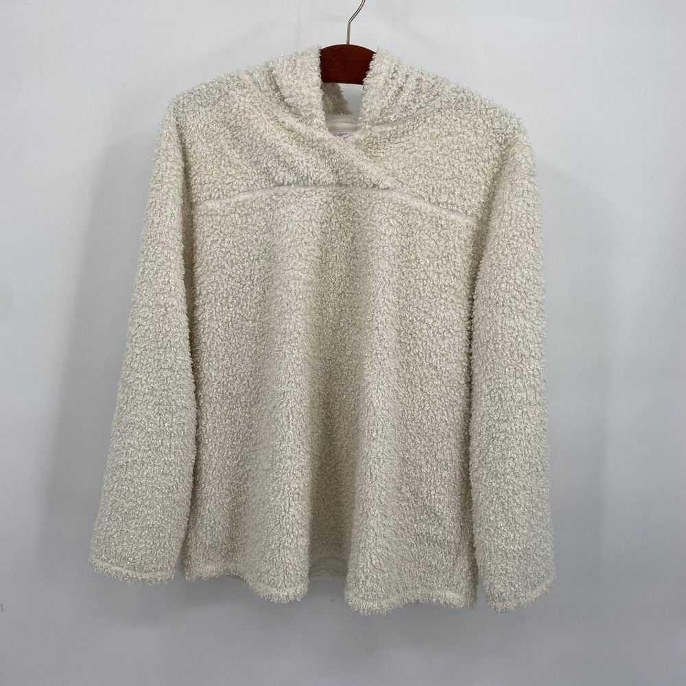 J.Jill Women's Size L Cozy Teddy Hooded Pullover Cream‎ Textured Fleece